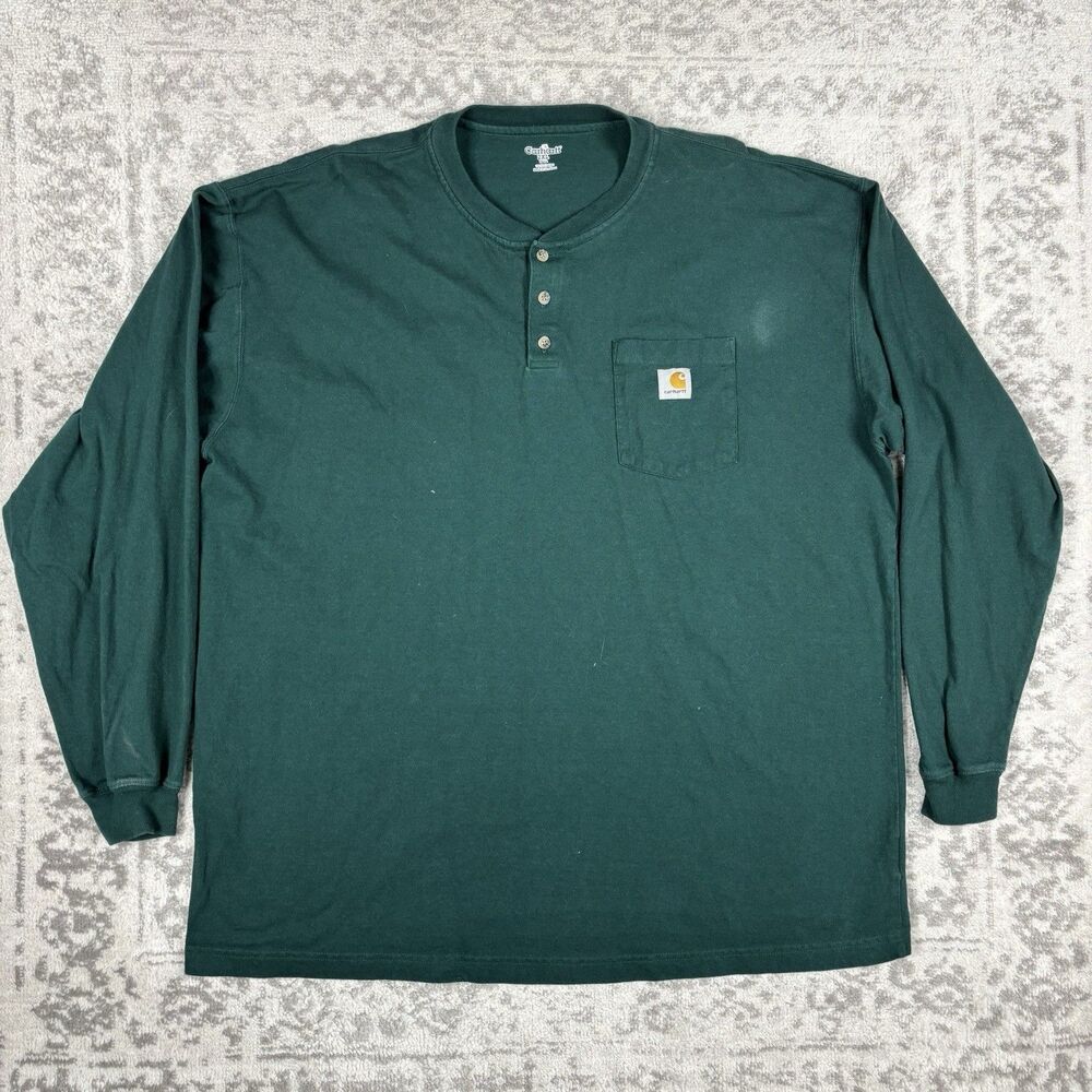 Carhartt T Shirt Mens K128 HTG Hunter Green Henley Long Sleeve Pocket 2XL Tall